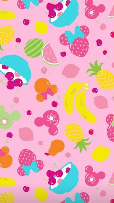 a pink background with fruit and berries on it