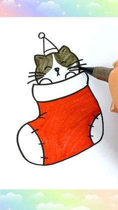 a drawing of a cat wearing a christmas stocking