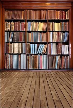 a book shelf filled with lots of books on top of a wooden floor next to a window