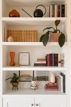 a white book shelf filled with books and plants