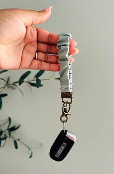 a hand holding a car key chain with a remote control attached to the lanyard