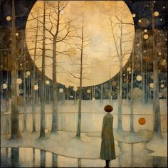 a painting of a person standing in front of a forest with trees and balls on the ground