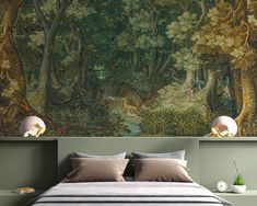 a bedroom with a large mural on the wall above the bed and pillows in front of it