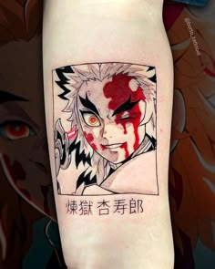 an anime character with blood on his face is shown in the upper half of this tattoo