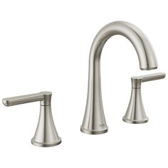 a brushed steel faucet with two handles