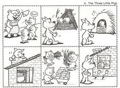 the three little pigs storyboard is shown in black and white, with four different pig scenes