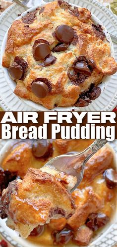 an air fryer bread pudding with chocolate chips on top and in the middle, ready to be eaten