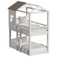 a white bunk bed with a wooden roof and pillows on it's bottom shelf