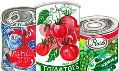 three cans of tomatoes and peas are shown in this drawing, one has tomatos on it