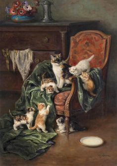 a painting of kittens on a chair under a blanket