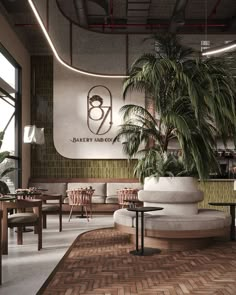 the interior of a restaurant with tables, chairs and potted plants on the wall