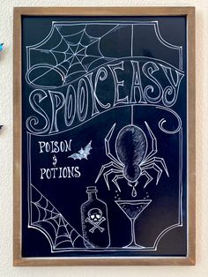 a blackboard with some writing on it that says spooky poisets and potions