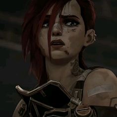 a woman with red hair and piercings holding a knife