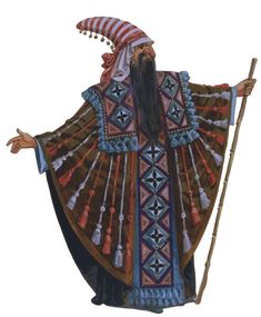 an old man with long hair and beard wearing a colorful outfit, holding a stick