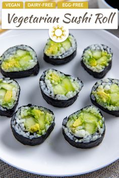 sushi rolls with cucumber and cheese on a white plate