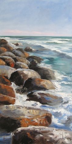 an oil painting of rocks on the beach