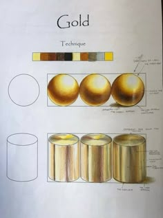 a drawing of gold is shown in the middle of a page with different shapes and sizes