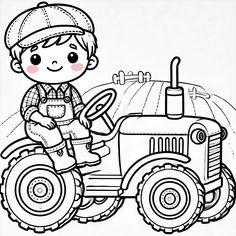 a black and white drawing of a boy on a tractor