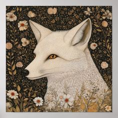 a painting of a white fox surrounded by flowers