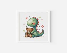 a cross stitch pattern of a dinosaur with a teddy bear sitting on it's back