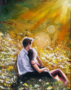 Painting of a couple laying in a field together as the sun beams down on them. Lovers Art Painting, Couple In Love Painting, Acrylic Painting Love, Couples Paintings, Painting Of Love, True Love Art, Love Oil Painting, Sun Portrait, Sunshine Painting