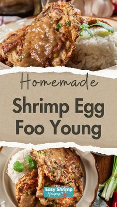 homemade shrimp egg foo young with rice and vegetables