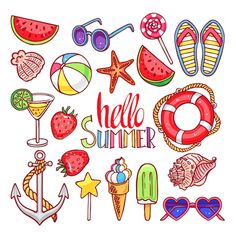 hello summer hand drawn doodle set with beach items and lettering on white background - stock photo