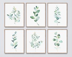 four watercolor paintings with green leaves on them