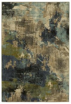 an abstract rug with blue, green and beige colors