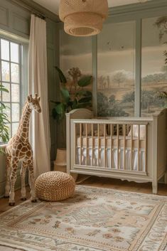 a giraffe standing next to a baby crib in a room with large windows