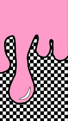 a black and white checkered background with pink