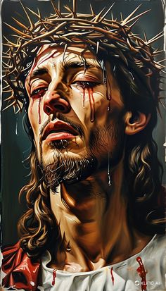 a painting of jesus with blood dripping down his face and crown of thorns on his head