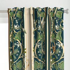 the curtains are decorated with flowers and leaves