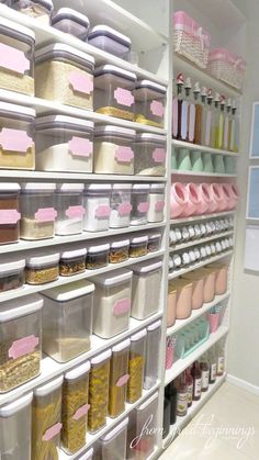 the shelves are filled with many different containers