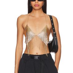 New With Tags From Revolve. Gold Chain Bra Top. Metal. Adjustable Gold Chain Bra, Gold Chainmail, Chain Bra, Chain Fringe, Chain Top, Bra Top, Plunging Neckline, Bra Tops, Gold Chain