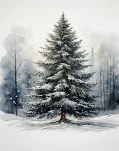 a painting of a snow covered pine tree in the middle of a snowy forest with footprints on the ground