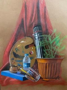 a painting of a potted plant and other items