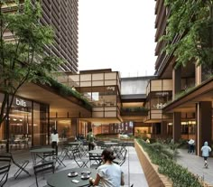 an artist's rendering of a courtyard with tables, chairs and people walking around