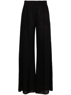 black linen semi-sheer construction two side inset pockets full-length unlined wide leg elasticated waistband Elegant Linen Wide Leg Pants With Elastic Waistband, Elegant Wide Leg Linen Pants With Elastic Waistband, Chic Black Linen Bottoms, Black Linen Pants For Loungewear, Black Linen Wide Leg Pants, Black Linen Wide Leg Pants With Elastic Waistband, Black Linen Wide Leg Bottoms, Black High-waisted Linen Pants, Black Linen High-waisted Pants