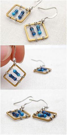 three pictures of earrings with blue beads and silver wires on them, one in the shape of a rectangle