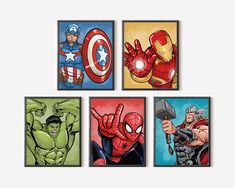 the avengerss are depicted in this set of four art prints