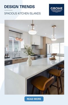 a kitchen with white counter tops and wooden stools