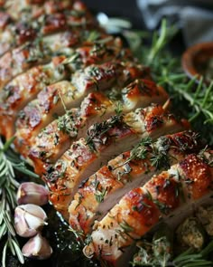 sliced chicken with herbs and garlic on a platter