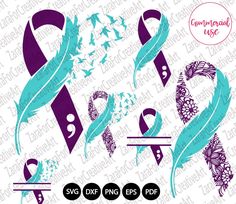 purple and teal ribbon with flowers, butterflies and swirls on white background for svt