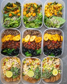 six plastic containers filled with different types of food and veggies on top of each other