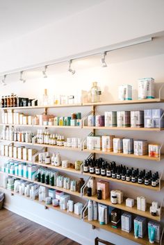 the shelves are filled with many different types of products