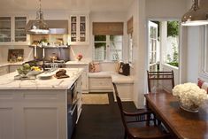 Kitchen - Traditional - Kitchen - Los Angeles - by Jeneration Interiors | Houzz Nancy Meyers Kitchen, Window Seat Kitchen, Kitchen Built In, Built In Banquette, Shaped Kitchen, Kitchen Addition, Nancy Meyers, Pretty Kitchen, Built In Seating