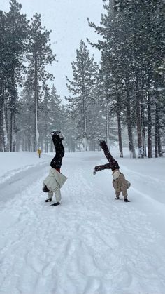 two people are playing in the snow near some trees