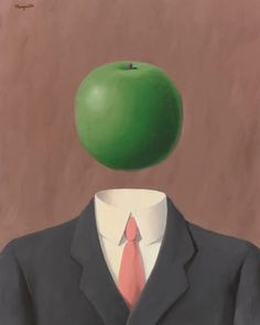 a painting of a man wearing a suit and tie with an apple on his head