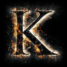 the letter k is made up of fire and ice on a black background with orange flames